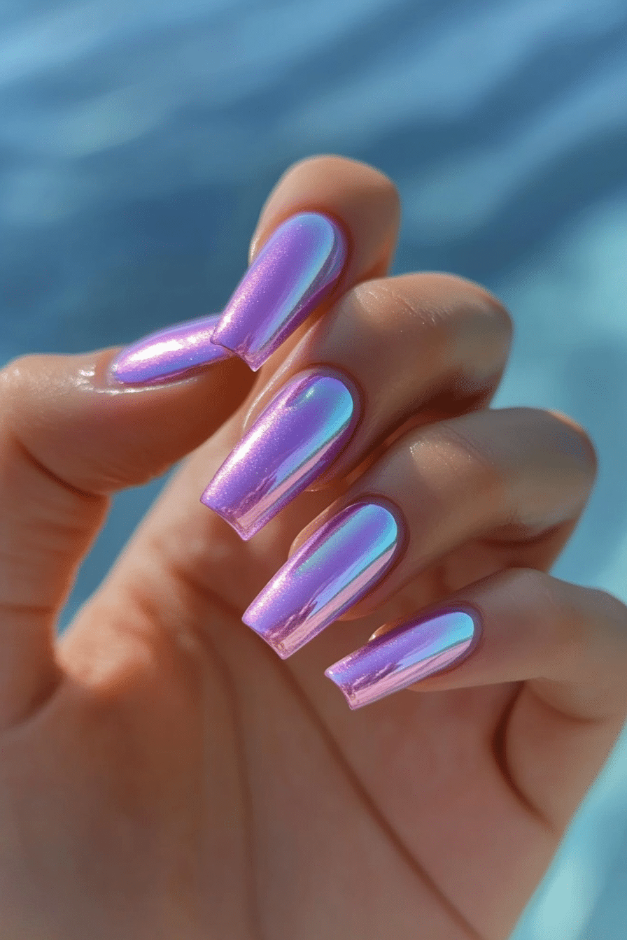 14. Holographic Lavender (Small Coffin Nail Design Ideas) - Small Coffin Nail Design Ideas