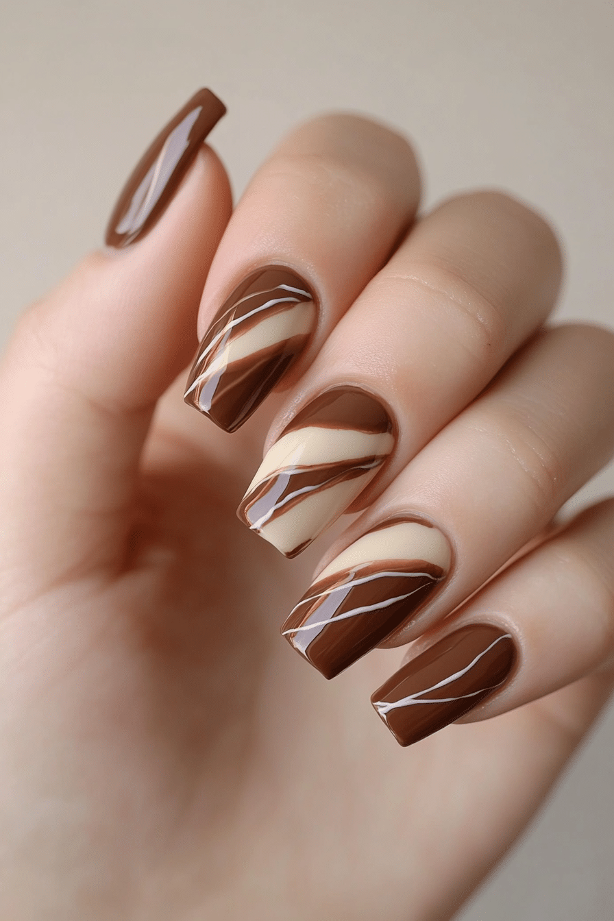 15. Chocolate Swirl Delight (Small Coffin Nail Design Ideas) - Small Coffin Nail Design Ideas