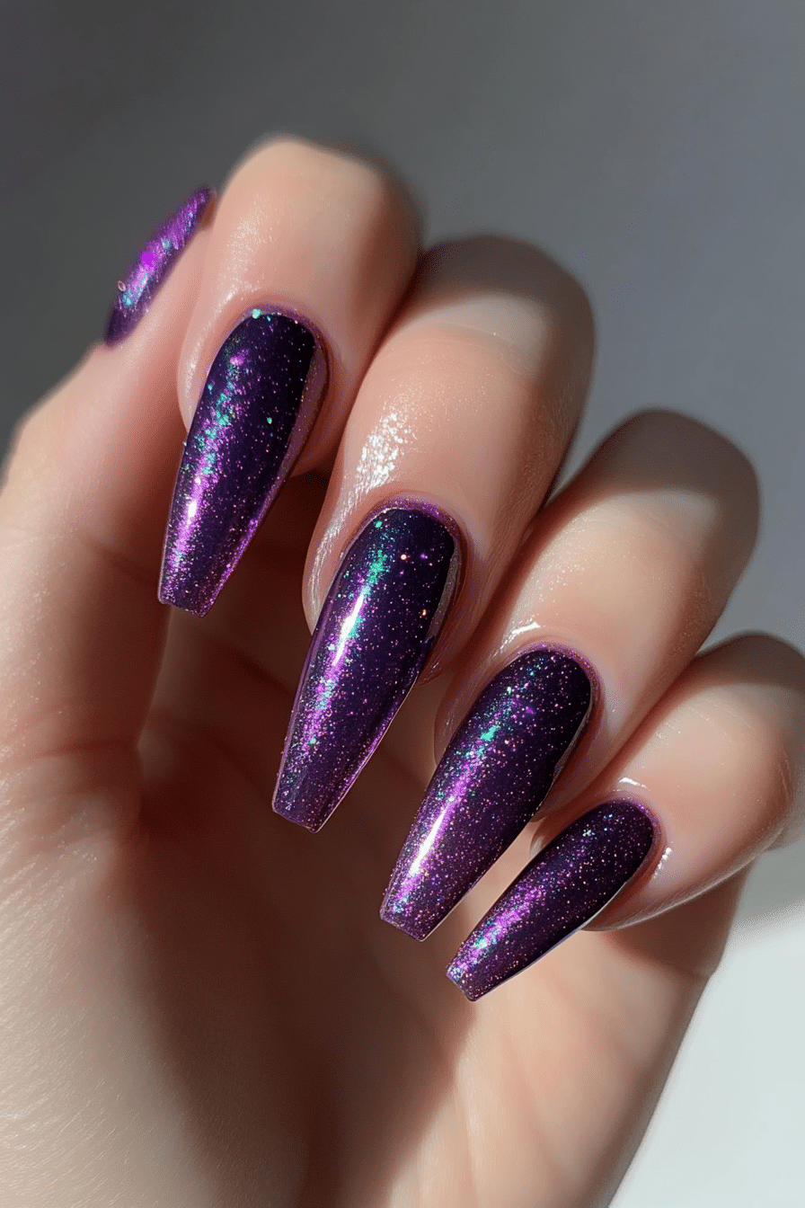 20. Mystic Amethyst Sparkle (Small Coffin Nail Design Ideas) - Small Coffin Nail Design Ideas