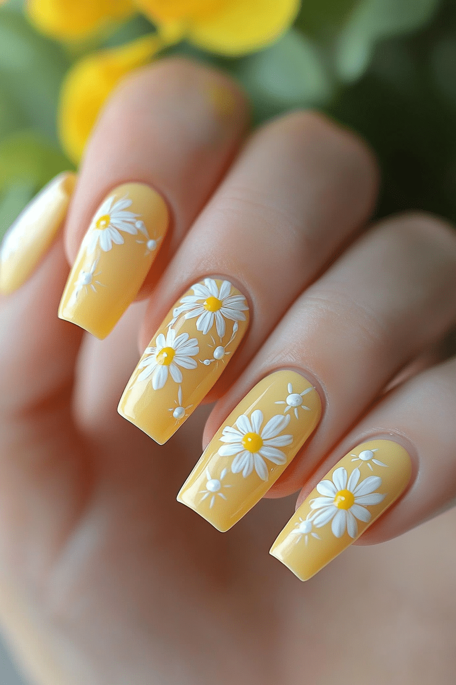 21. Daisy Chain Delight (Small Coffin Nail Design Ideas) - Small Coffin Nail Design Ideas