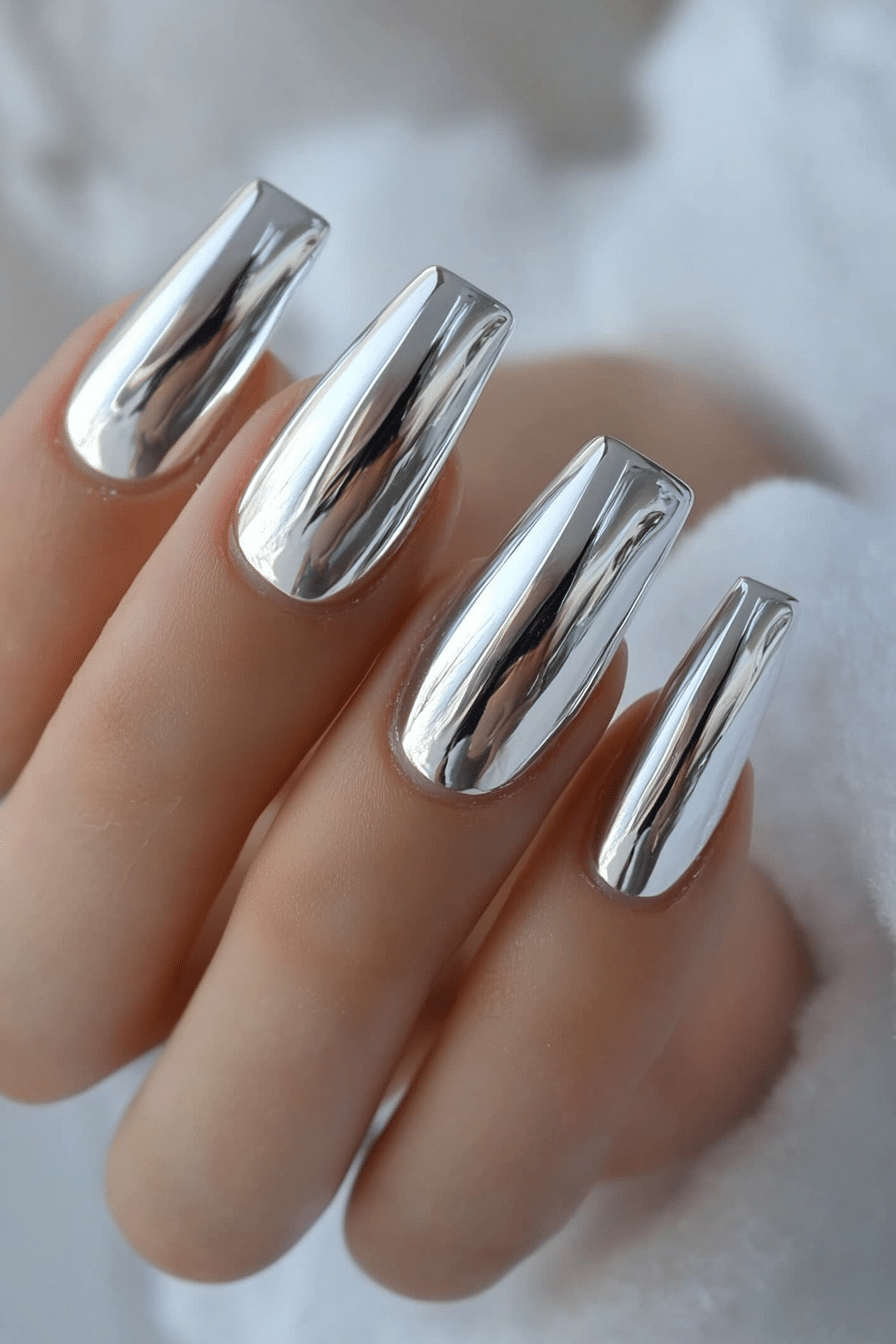 22. Silver Chrome Glaze (Small Coffin Nail Design Ideas) - Small Coffin Nail Design Ideas