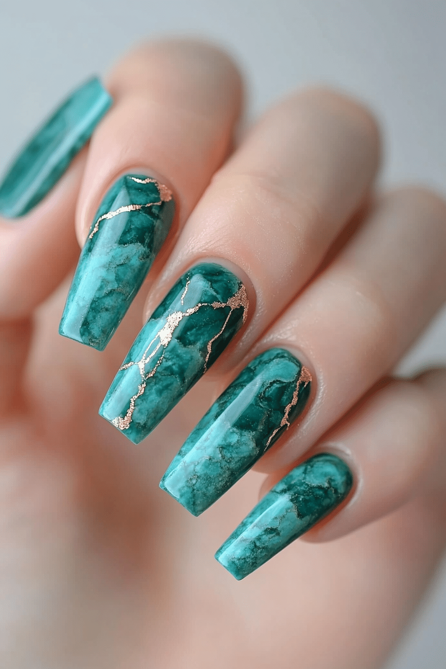 23. Turquoise Gemstone Elegance (Small Coffin Nail Design Ideas) - Small Coffin Nail Design Ideas