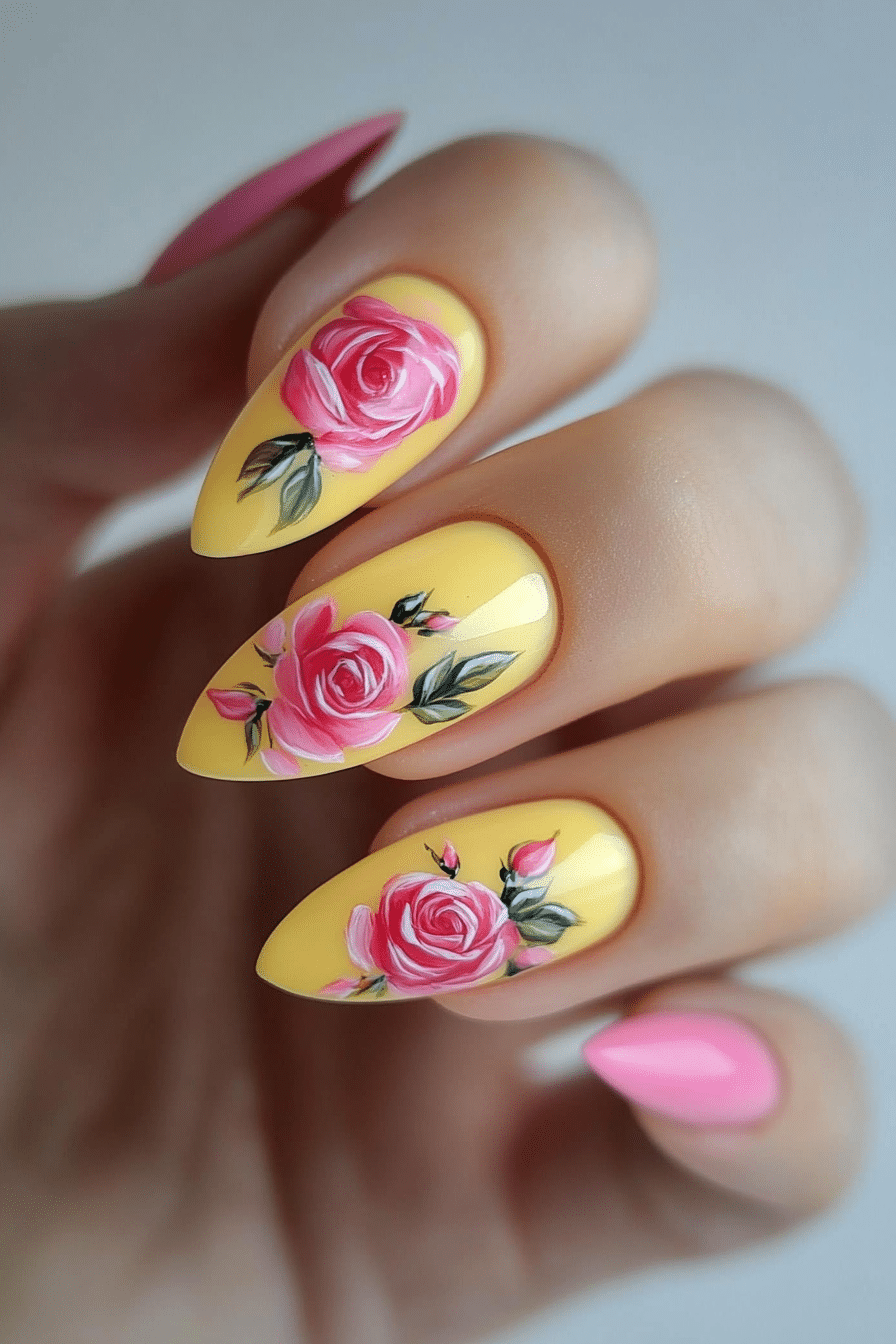 12. Golden Rose Accents (Yellow And Pink Nail Design Ideas) - Yellow And Pink Nail Design Ideas