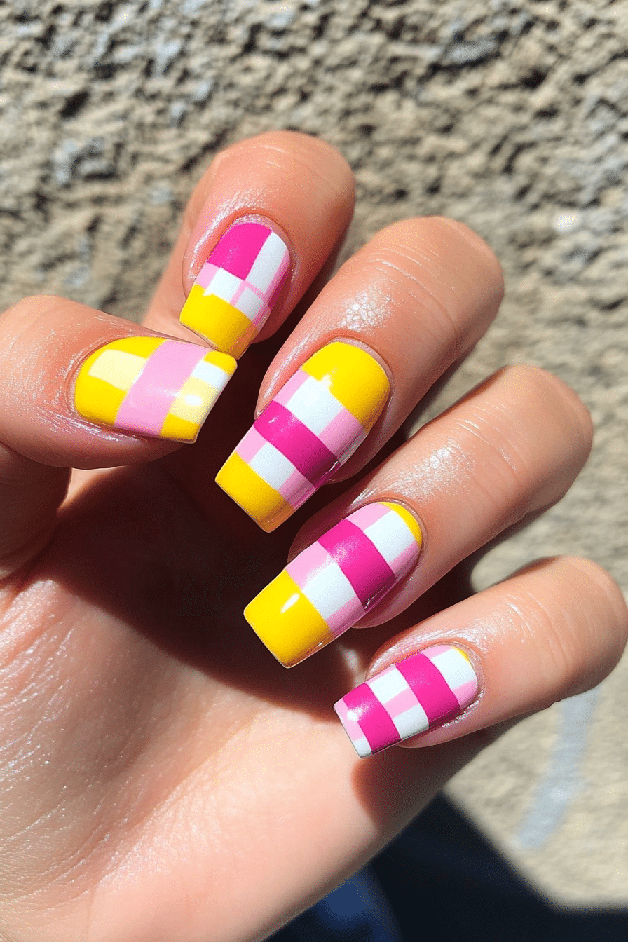 13. Cheery Checkered (Yellow And Pink Nail Design Ideas) - Yellow And Pink Nail Design Ideas