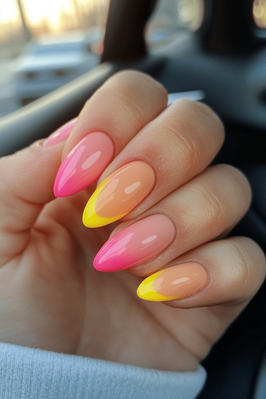 14. Peachy Sunrise (Yellow And Pink Nail Design Ideas) - Yellow And Pink Nail Design Ideas