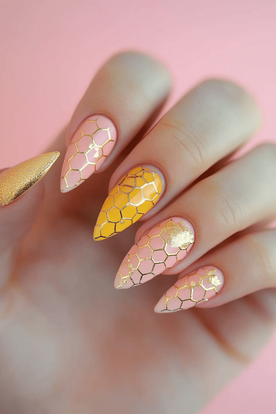 18. Honeycomb Elegance (Yellow And Pink Nail Design Ideas) - Yellow And Pink Nail Design Ideas