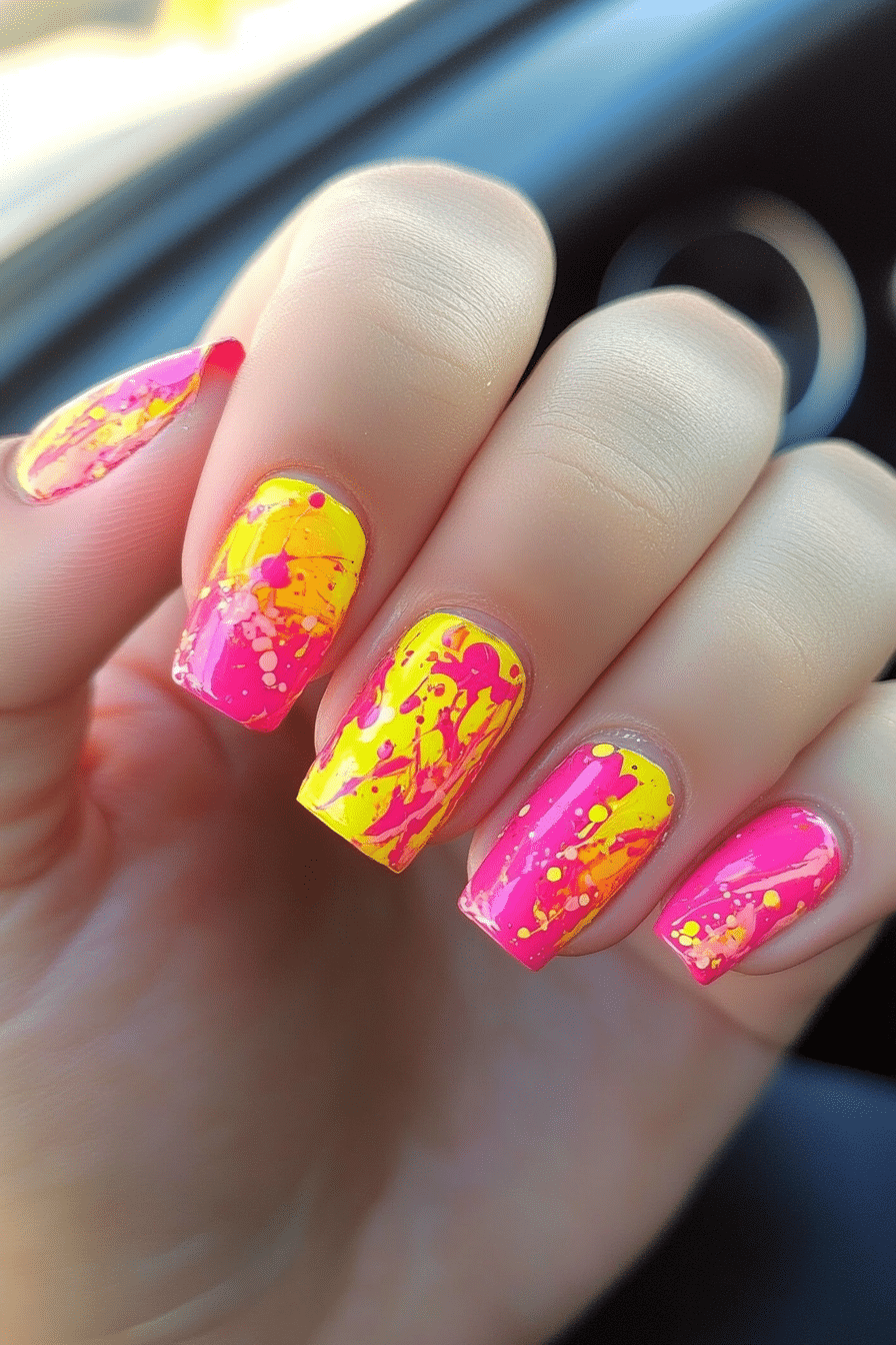 20. Abstract Art Splash (Yellow And Pink Nail Design Ideas) - Yellow And Pink Nail Design Ideas