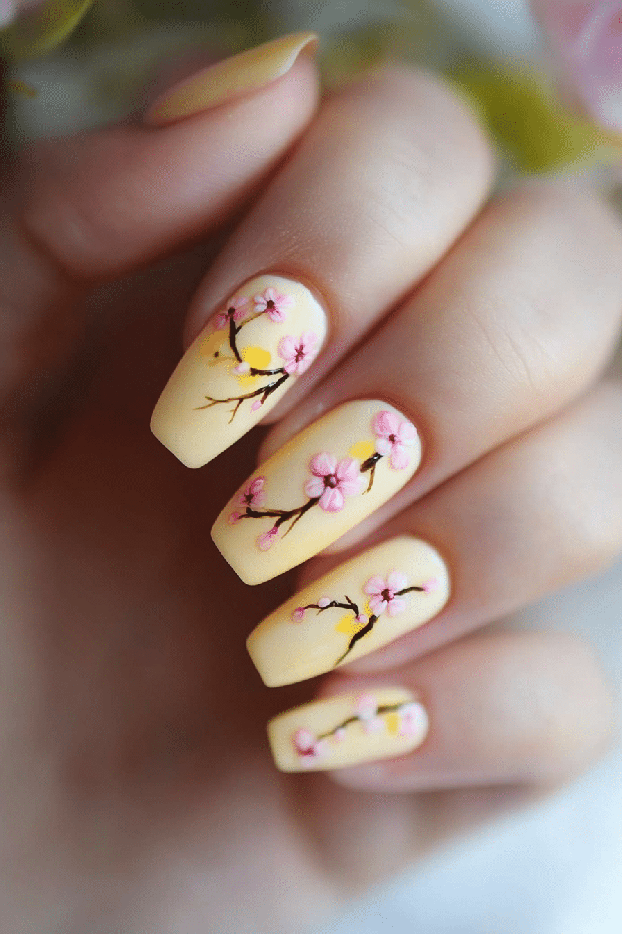 21. Cherry Blossom Sunshine (Yellow And Pink Nail Design Ideas) - Yellow And Pink Nail Design Ideas