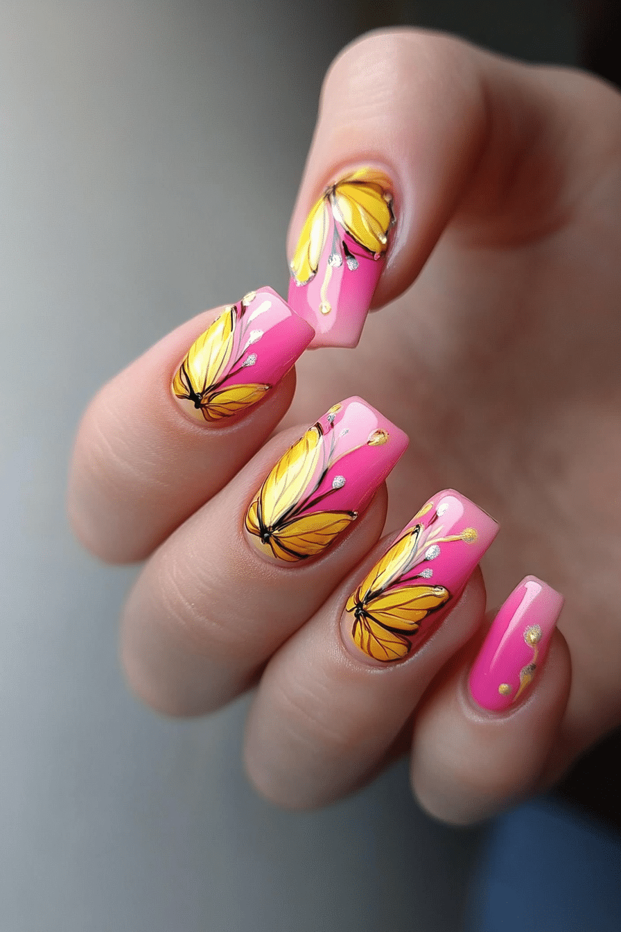 22. Golden Butterfly Wings (Yellow And Pink Nail Design Ideas) - Yellow And Pink Nail Design Ideas