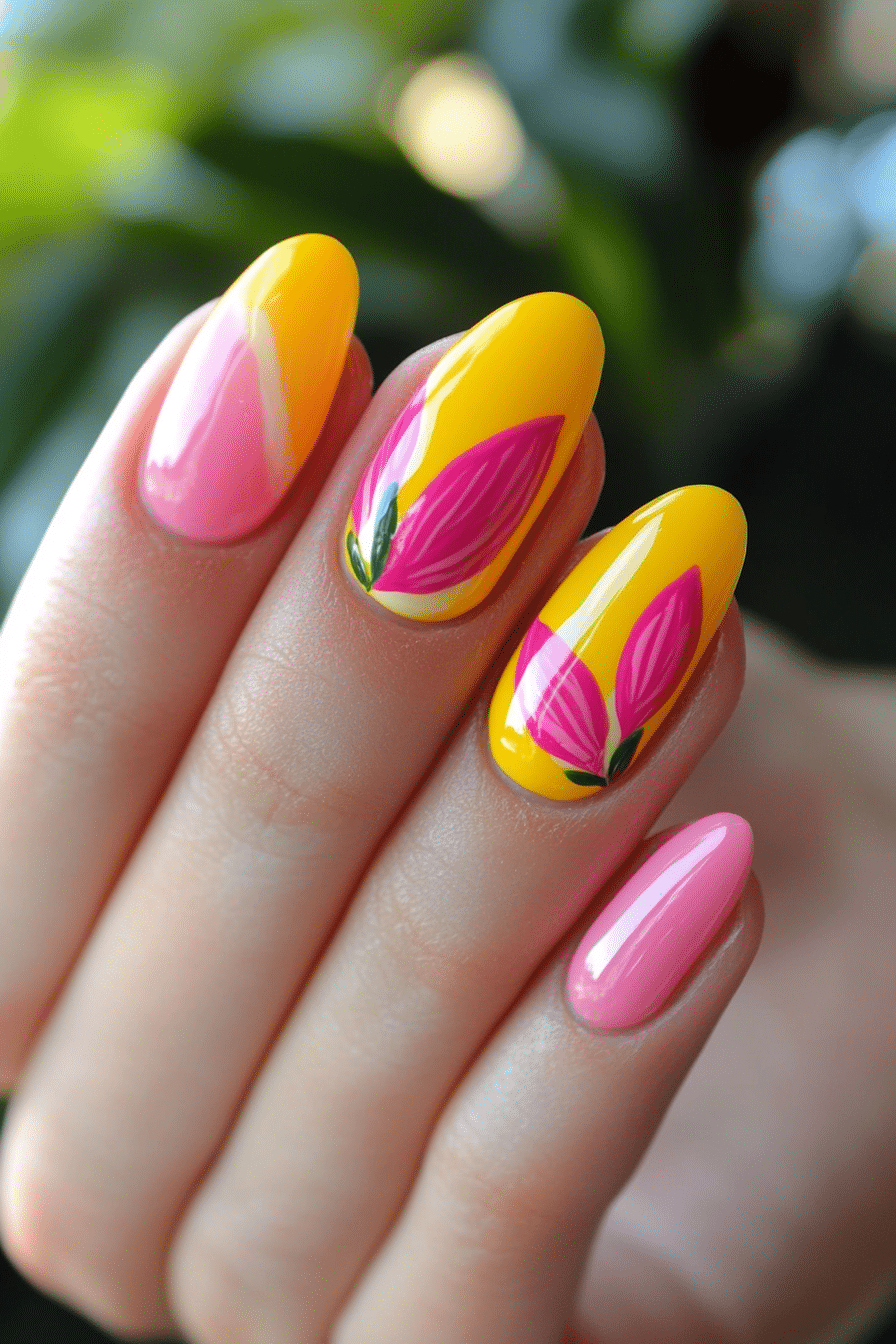 25. Spring Petals (Yellow And Pink Nail Design Ideas) - Yellow And Pink Nail Design Ideas