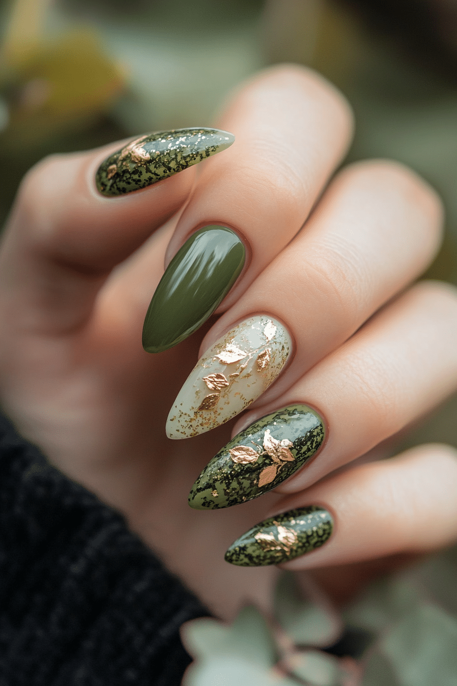 21. Olive Tones with Gold Foil (Nail Design Ideas For Older Women) - Nail Design Ideas For Older Women