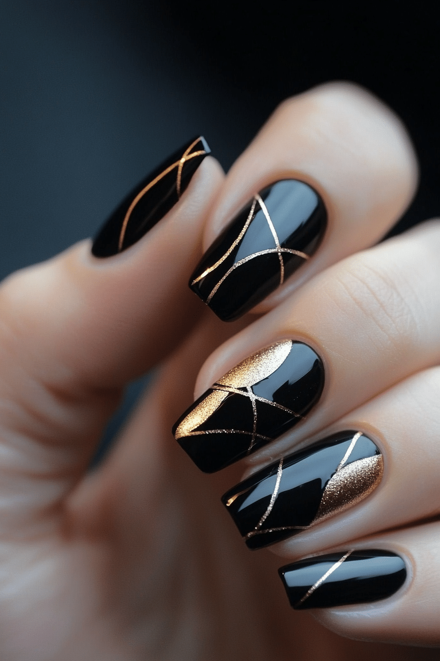 12. Black and Gold Geometric (Nail Design Ideas For Short Nails) - Nail Design Ideas For Short Nails