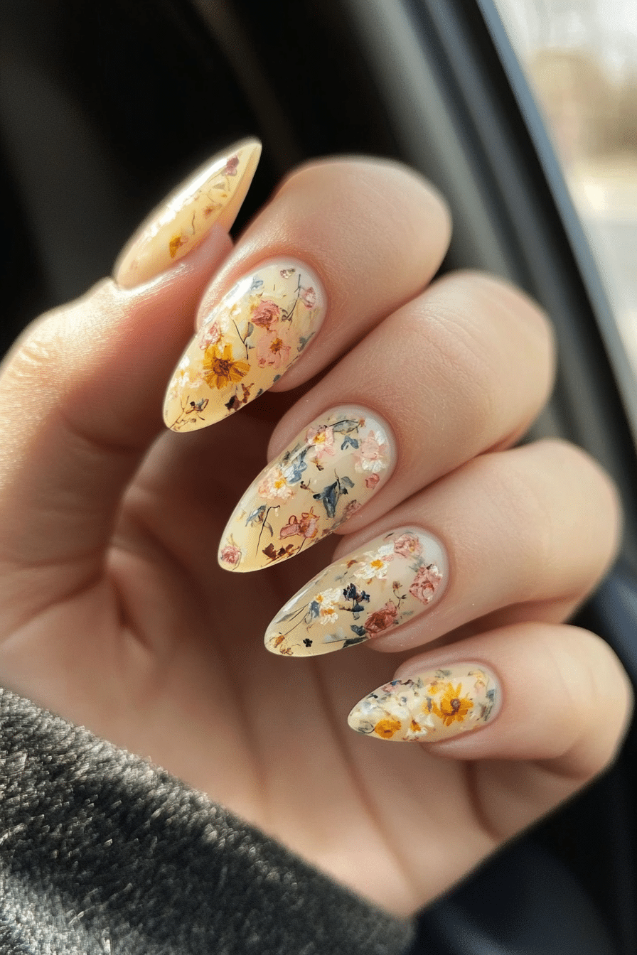 25. Pressed Floral Magic (Pastel Yellow Nail Design Ideas) - Pastel Yellow Nail Design Ideas
