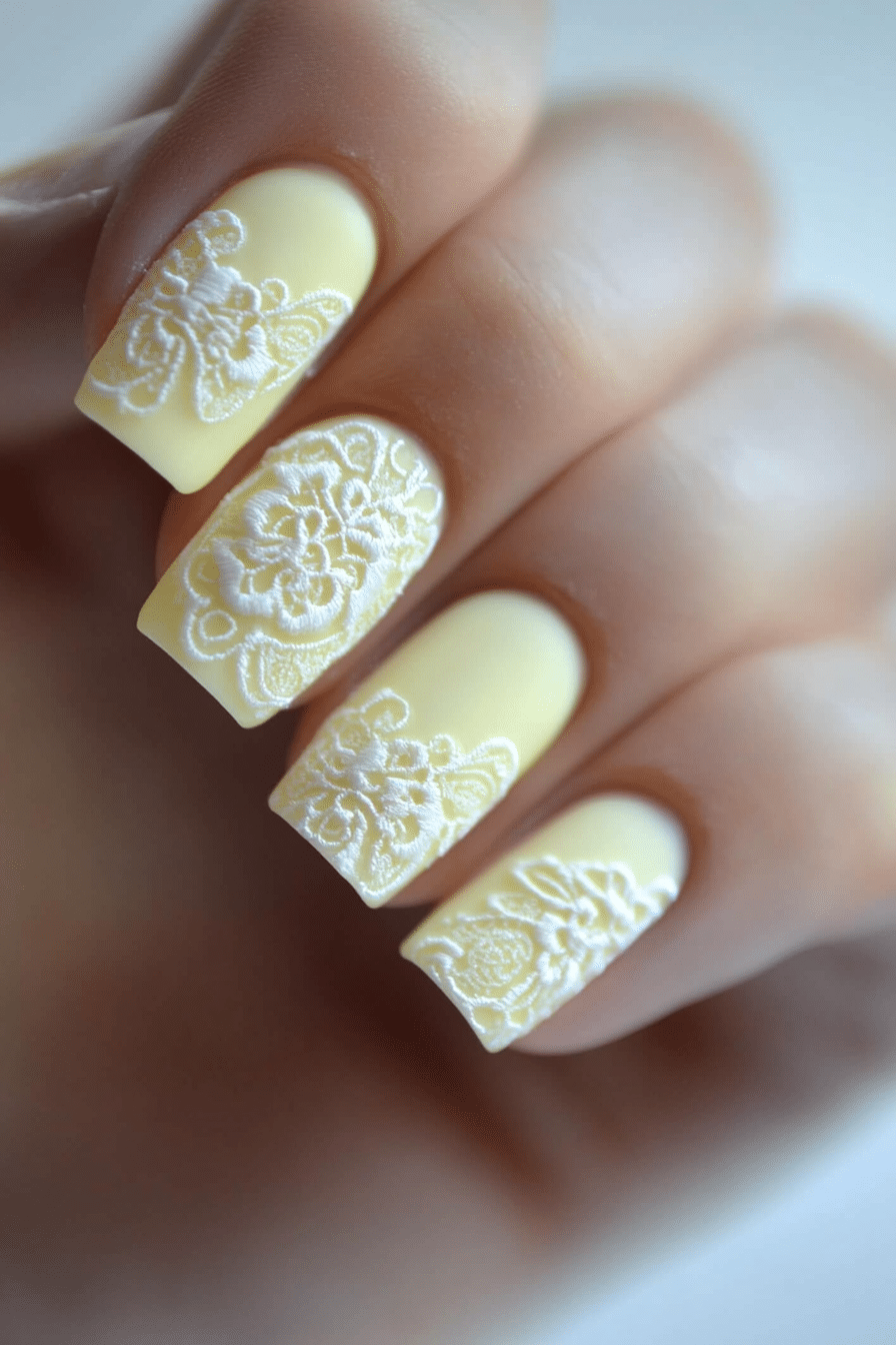 26. Elegant Lace Detail (Pastel Yellow Nail Design Ideas) - Pastel Yellow Nail Design Ideas