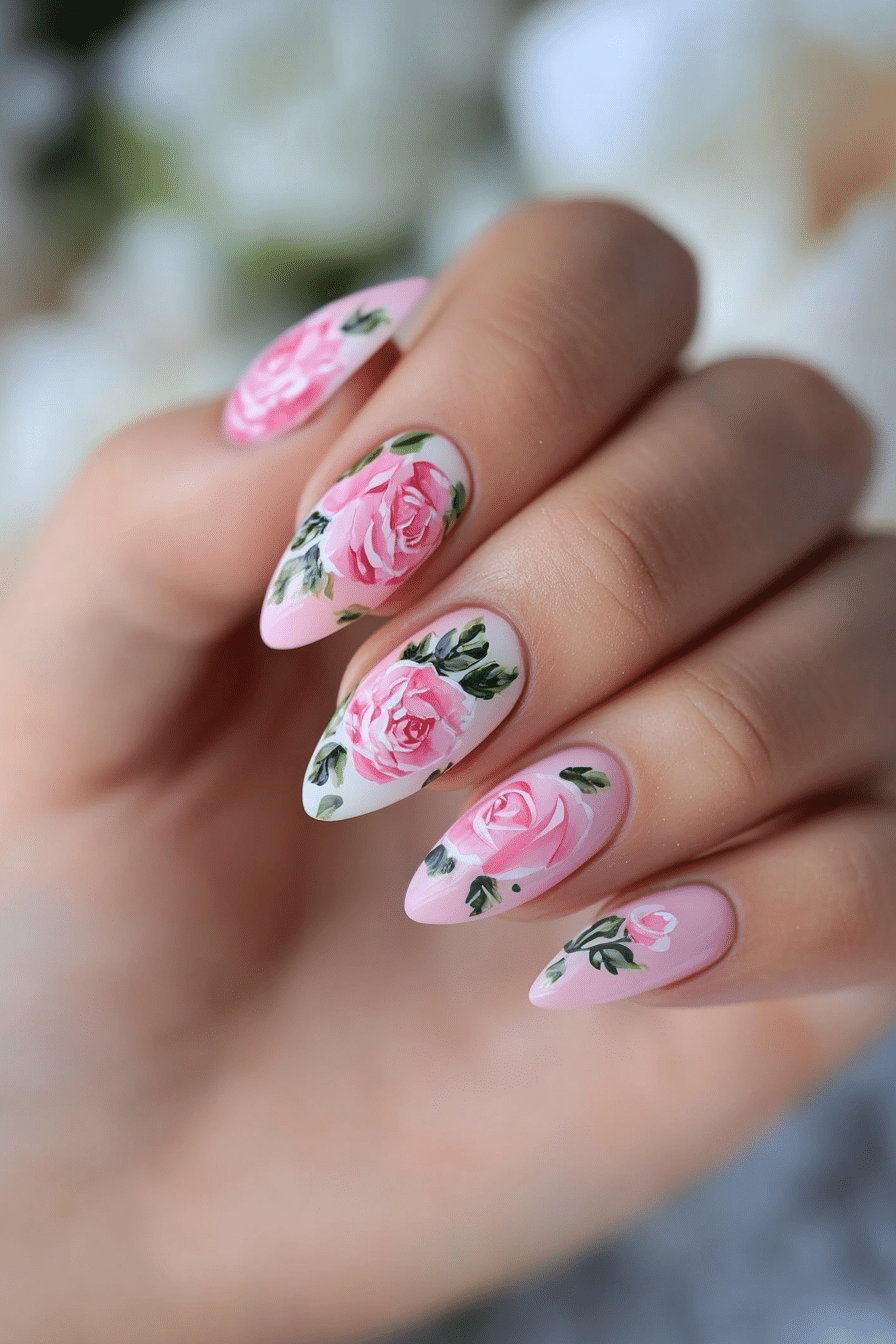 16. Rose Garden Accent (Pink Nail Design Ideas) - Pink Nail Design Ideas