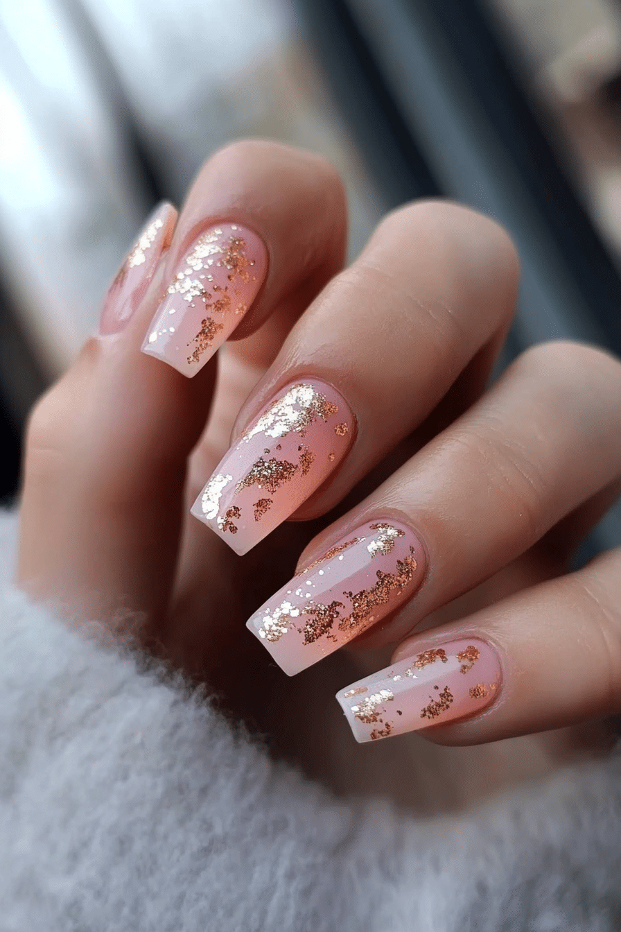 8. Pink and Gold Foil Art (Baby Pink Nail Design Ideas) - Baby Pink Nail Design Ideas