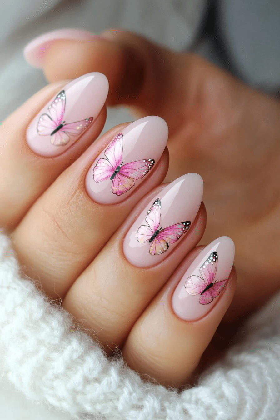 14. Pink Butterfly Accents (Baby Pink Nail Design Ideas) - Baby Pink Nail Design Ideas