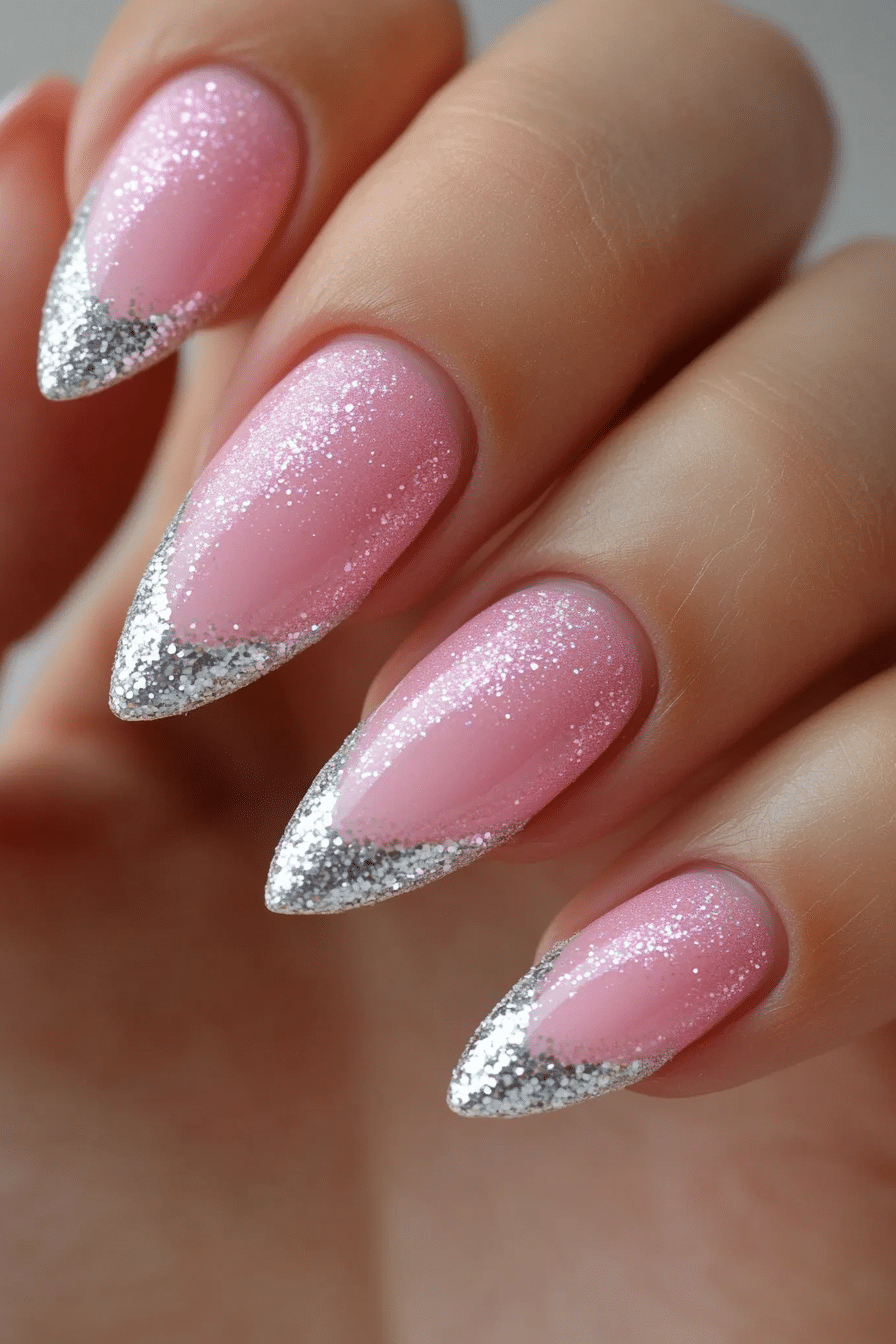 16. Baby Pink with Silver Glitter Tips (Baby Pink Nail Design Ideas) - Baby Pink Nail Design Ideas