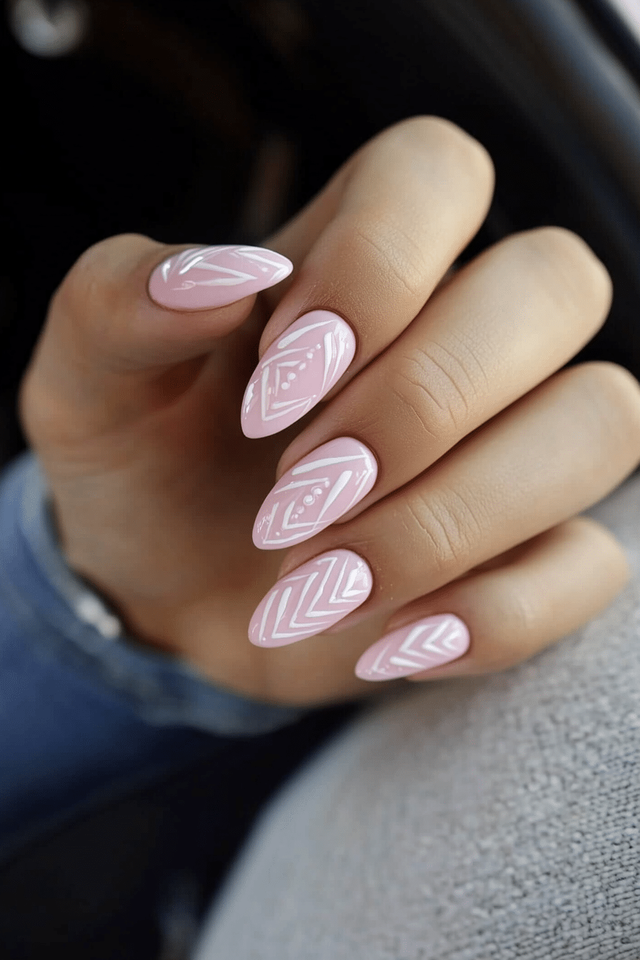 19. Baby Pink and White Geometric Patterns (Baby Pink Nail Design Ideas) - Baby Pink Nail Design Ideas