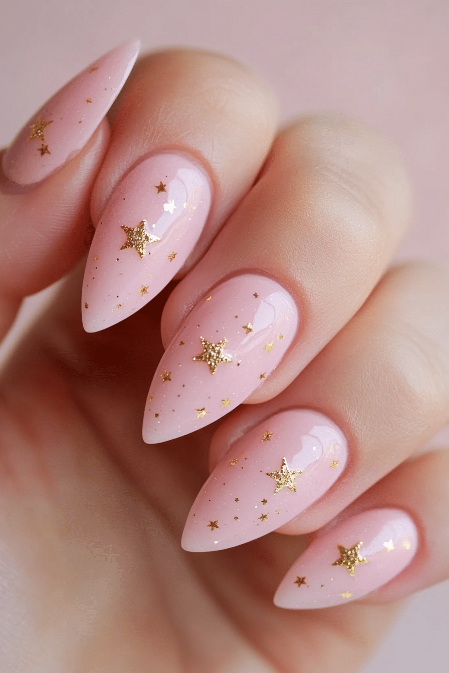 21. Pastel Pink with Gold Star Accents (Baby Pink Nail Design Ideas) - Baby Pink Nail Design Ideas