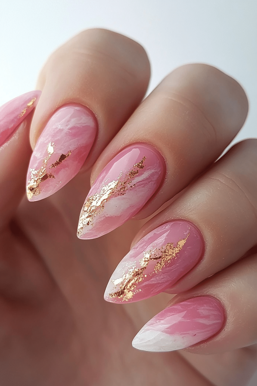 23. Pink Quartz with Gold Leaf (Baby Pink Nail Design Ideas) - Baby Pink Nail Design Ideas