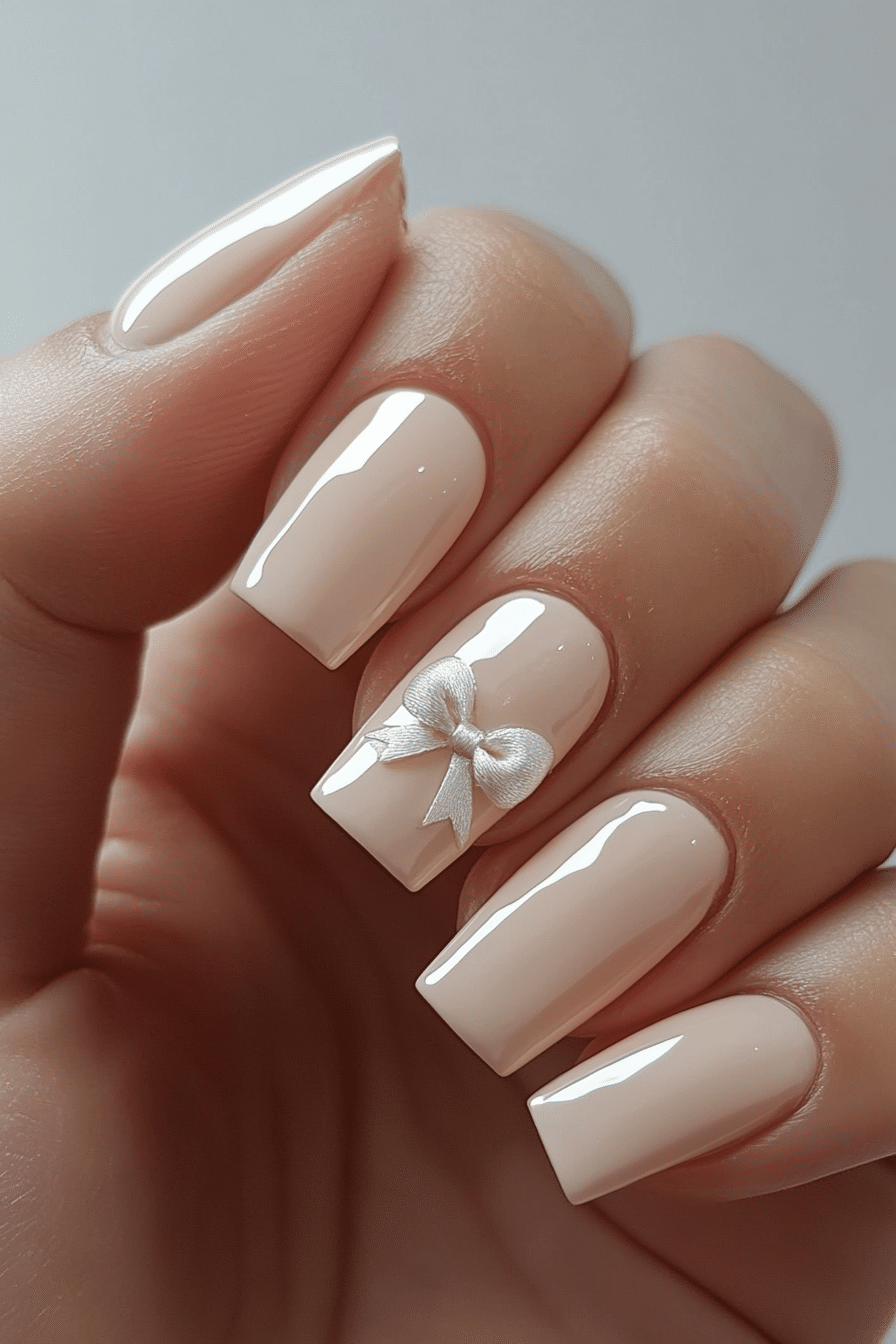 1. Classic Light Beige with White Bow (Nail Design Ideas With Bows) - Nail Design Ideas With Bows