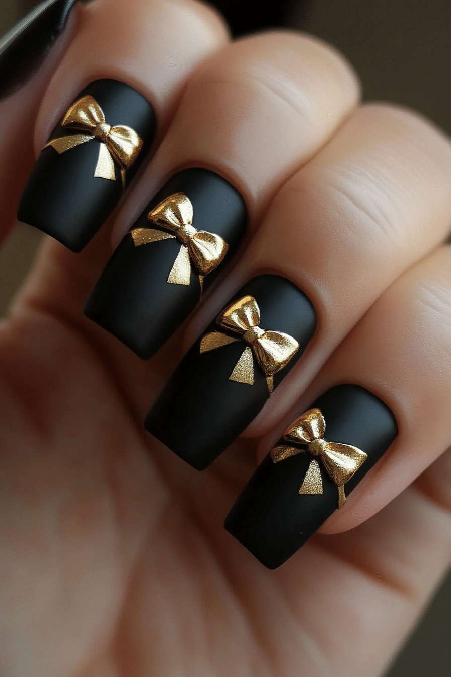 3. Black Matte with Gold Bow Accent (Nail Design Ideas With Bows) - Nail Design Ideas With Bows