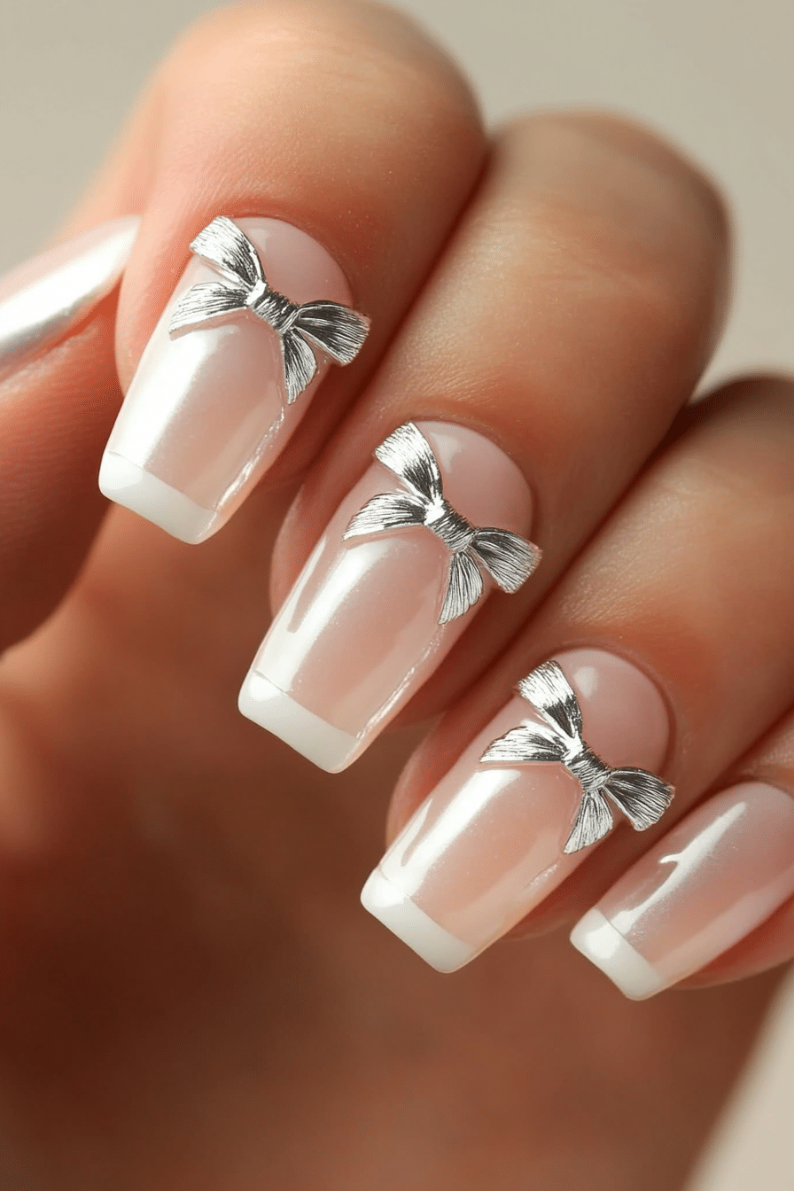4. French Tips with Silver Bow Decals (Nail Design Ideas With Bows) - Nail Design Ideas With Bows
