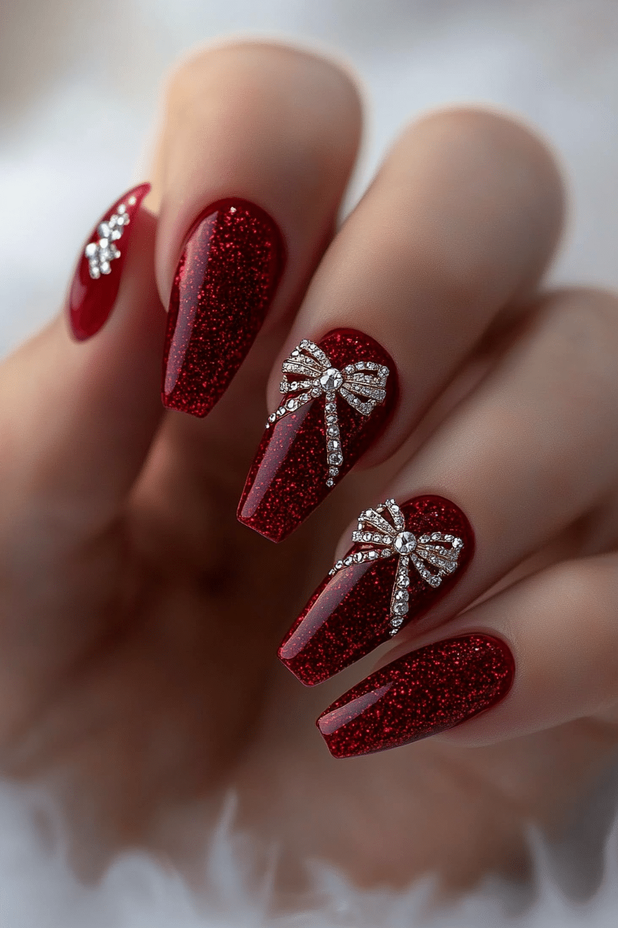 5. Red Velvet with Rhinestone Bows (Nail Design Ideas With Bows) - Nail Design Ideas With Bows