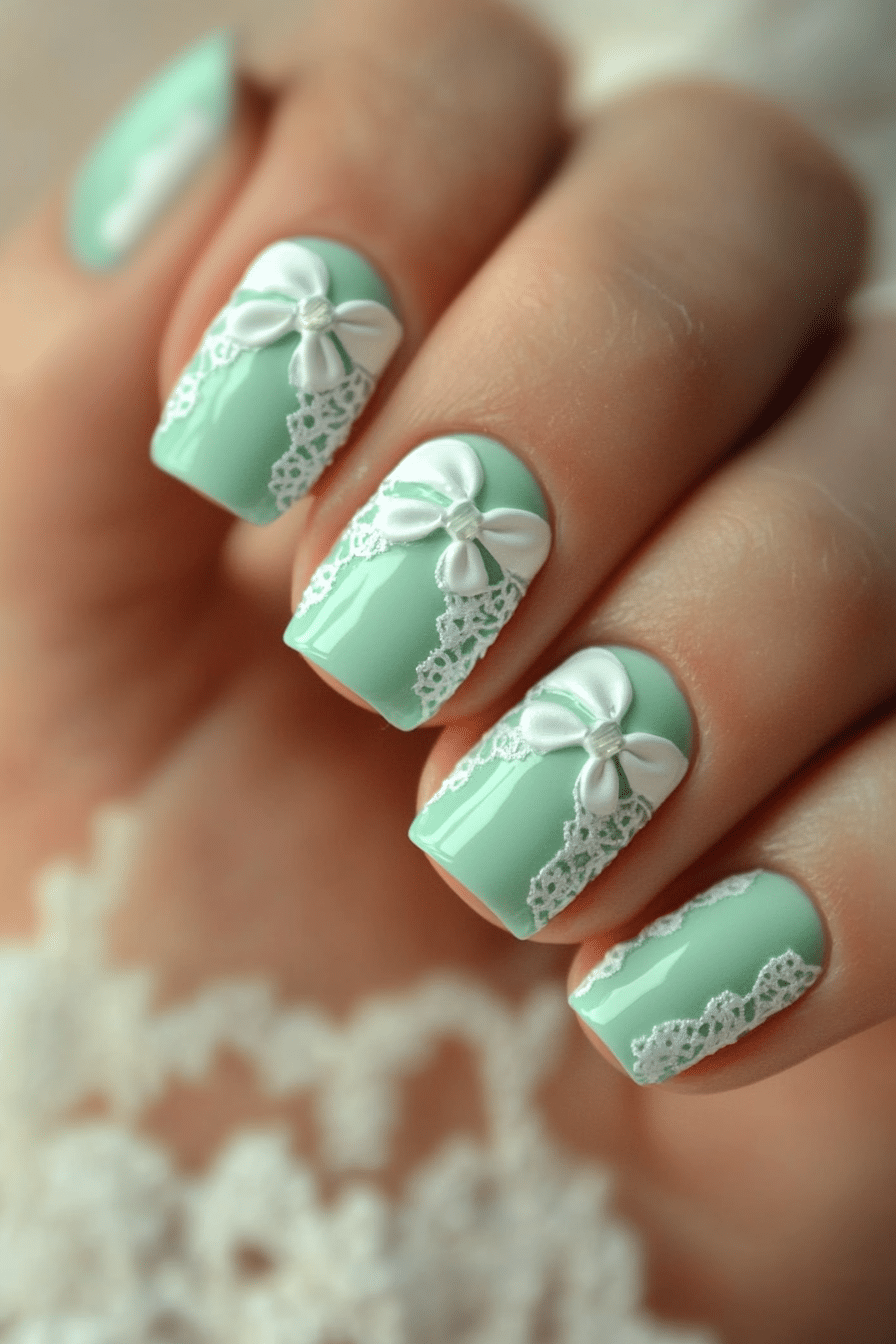 6. Mint Green with White Lace and Bow (Nail Design Ideas With Bows) - Nail Design Ideas With Bows