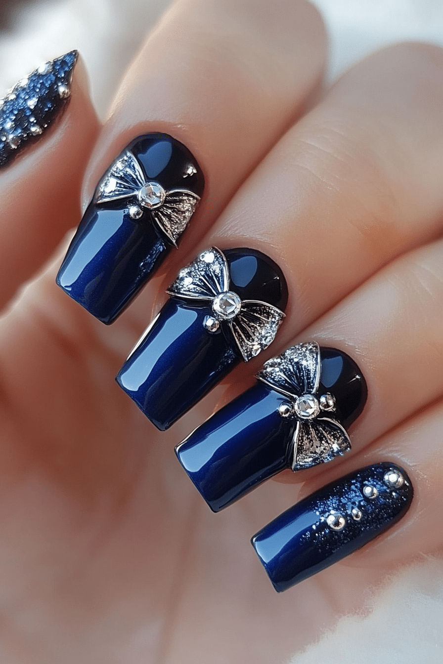 7. Navy Blue with Metallic Bow (Nail Design Ideas With Bows) - Nail Design Ideas With Bows