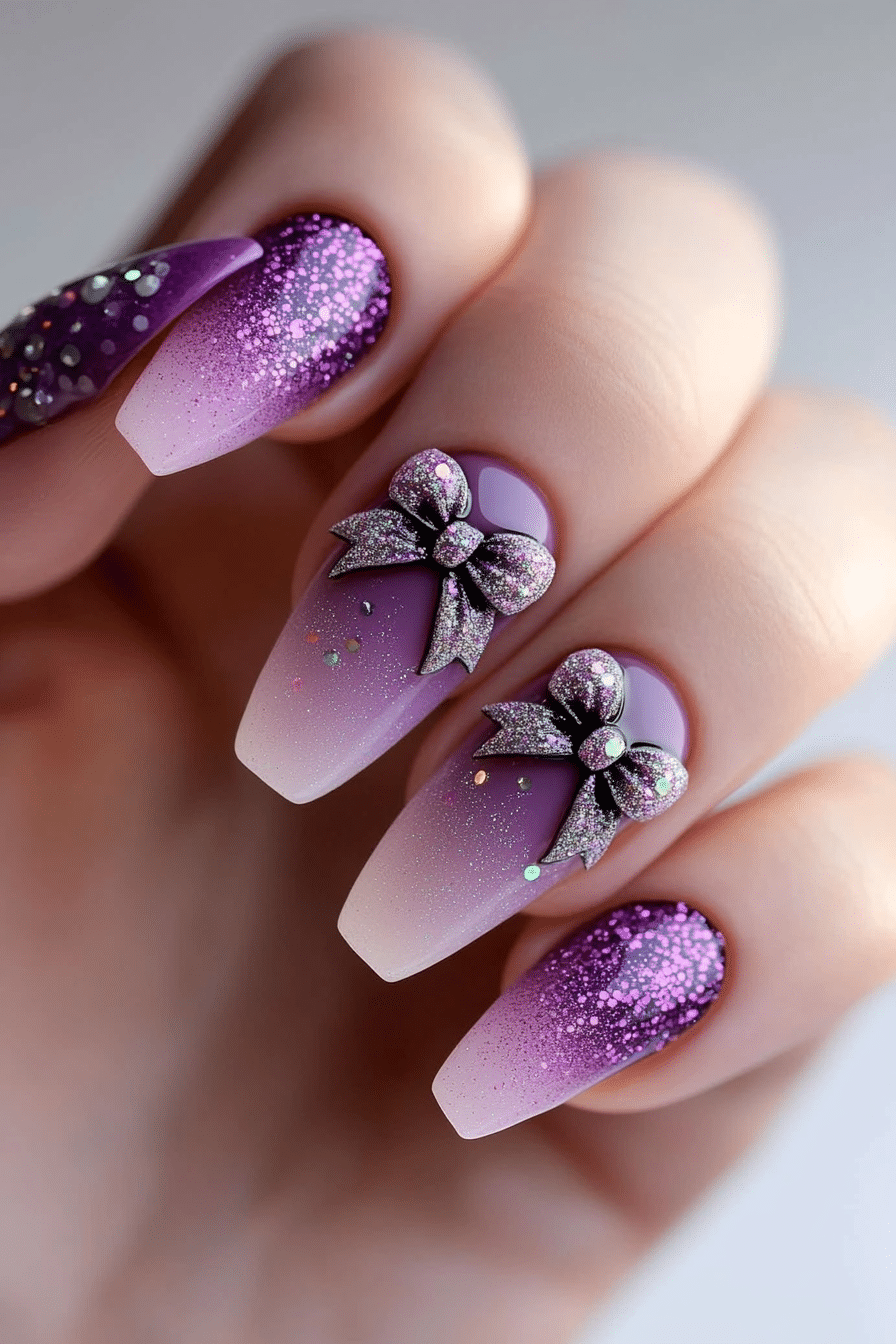 8. Lilac Ombre with Glitter Bows (Nail Design Ideas With Bows) - Nail Design Ideas With Bows