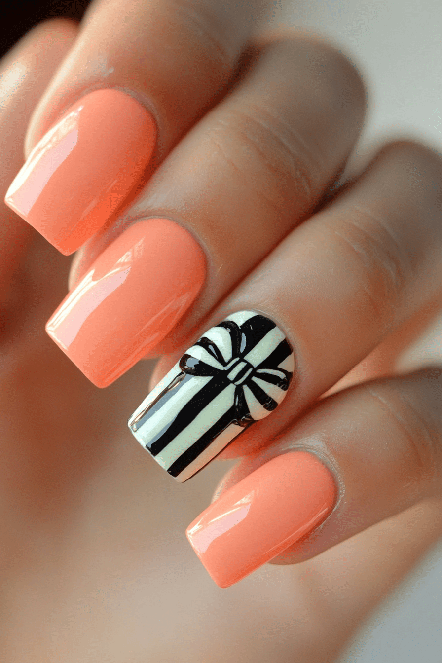 9. Coral with Striped Bow Accent (Nail Design Ideas With Bows) - Nail Design Ideas With Bows