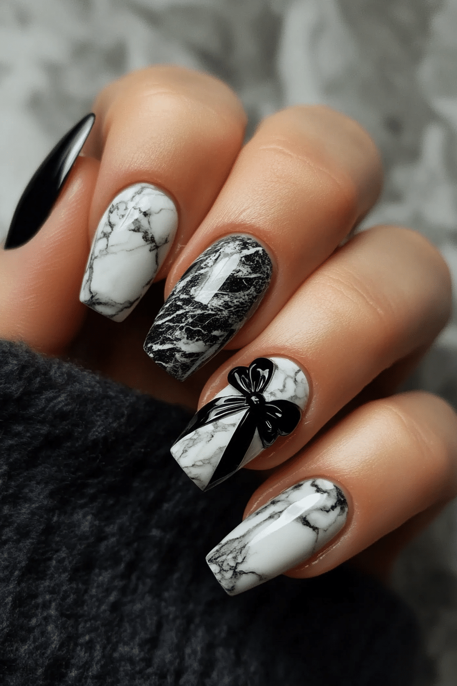 10. Grey Marble with Black Bow (Nail Design Ideas With Bows) - Nail Design Ideas With Bows