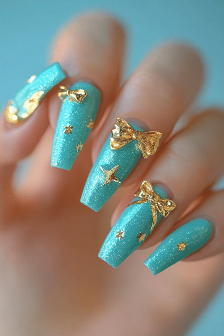 11. Turquoise with Gold Foil and Bow (Nail Design Ideas With Bows) - Nail Design Ideas With Bows