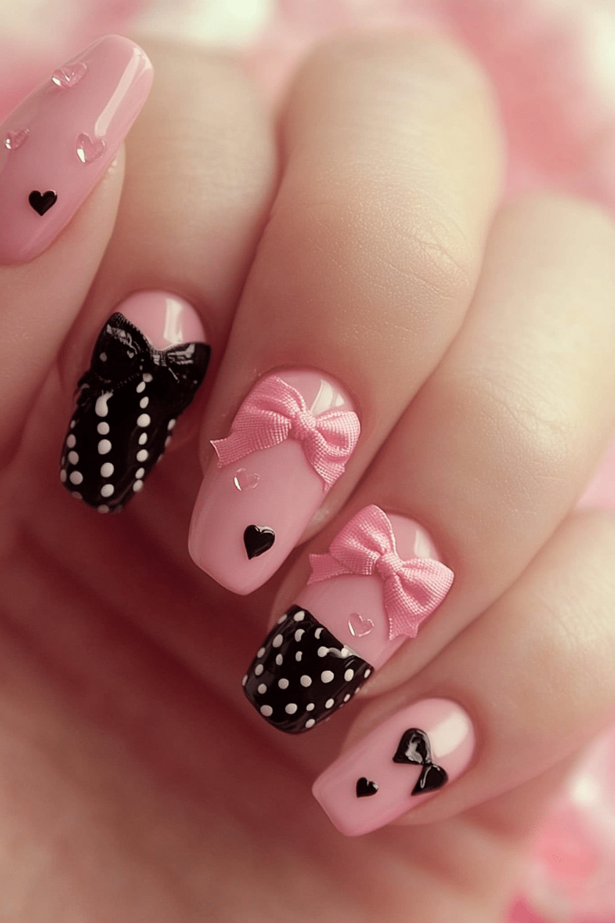 12. Blush Pink with Heart and Bow Combo (Nail Design Ideas With Bows) - Nail Design Ideas With Bows