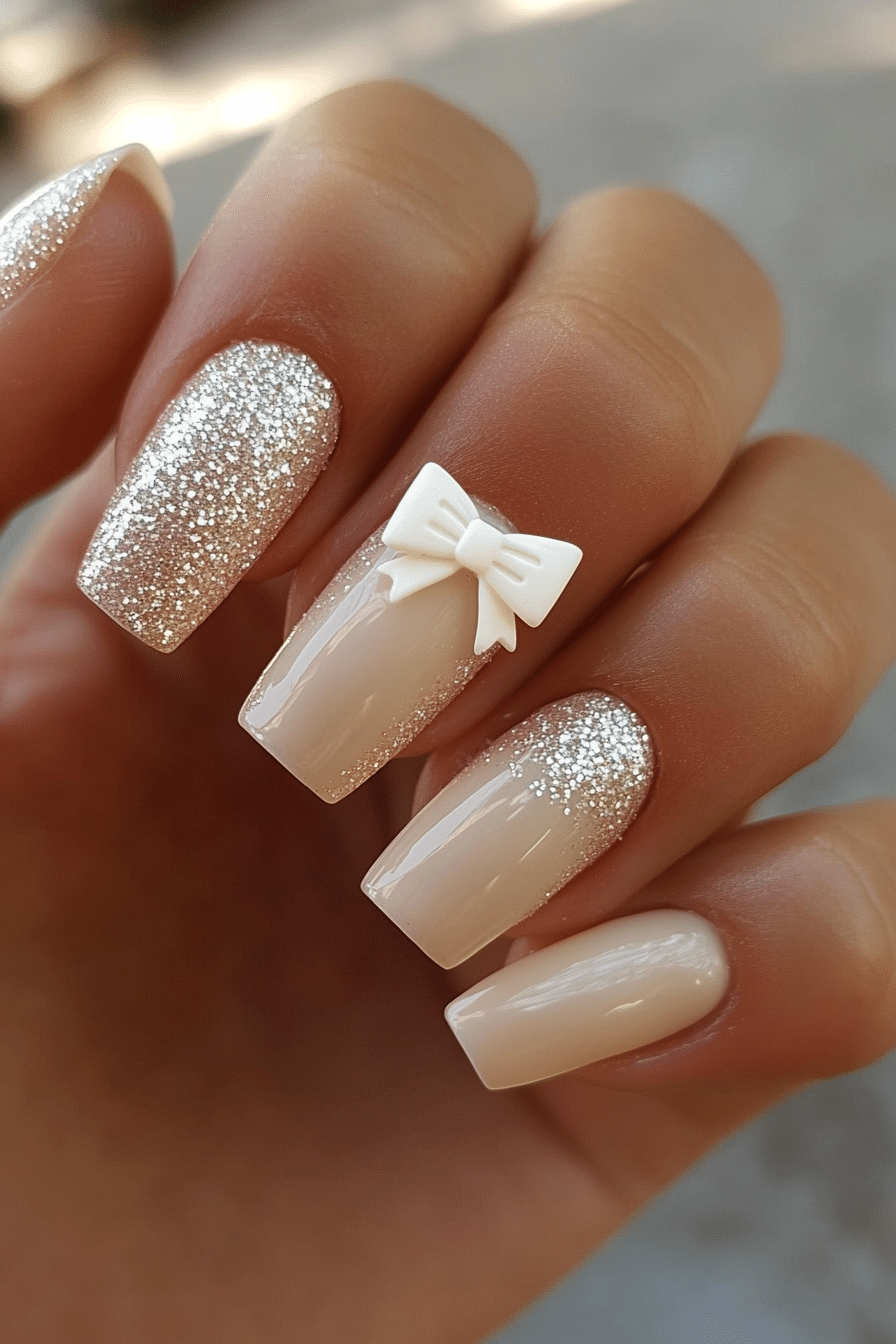 13. Champagne Glitter with Nude Bow (Nail Design Ideas With Bows) - Nail Design Ideas With Bows