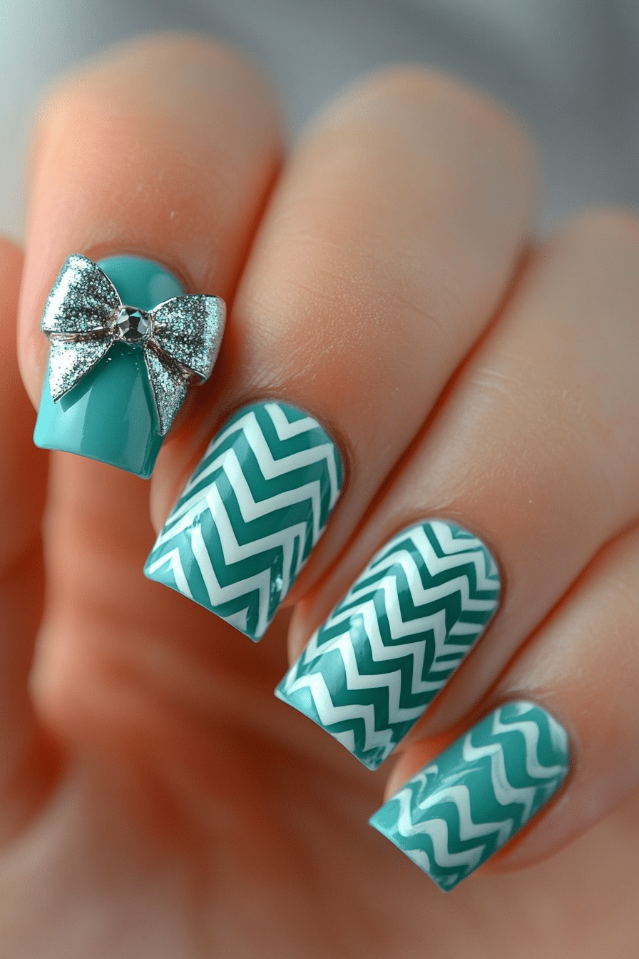 14. Teal with Chevron and Bow Design (Nail Design Ideas With Bows) - Nail Design Ideas With Bows