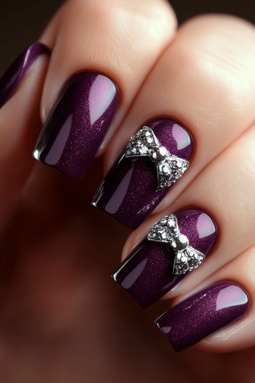 15. Plum Purple with Silver Studded Bow (Nail Design Ideas With Bows) - Nail Design Ideas With Bows