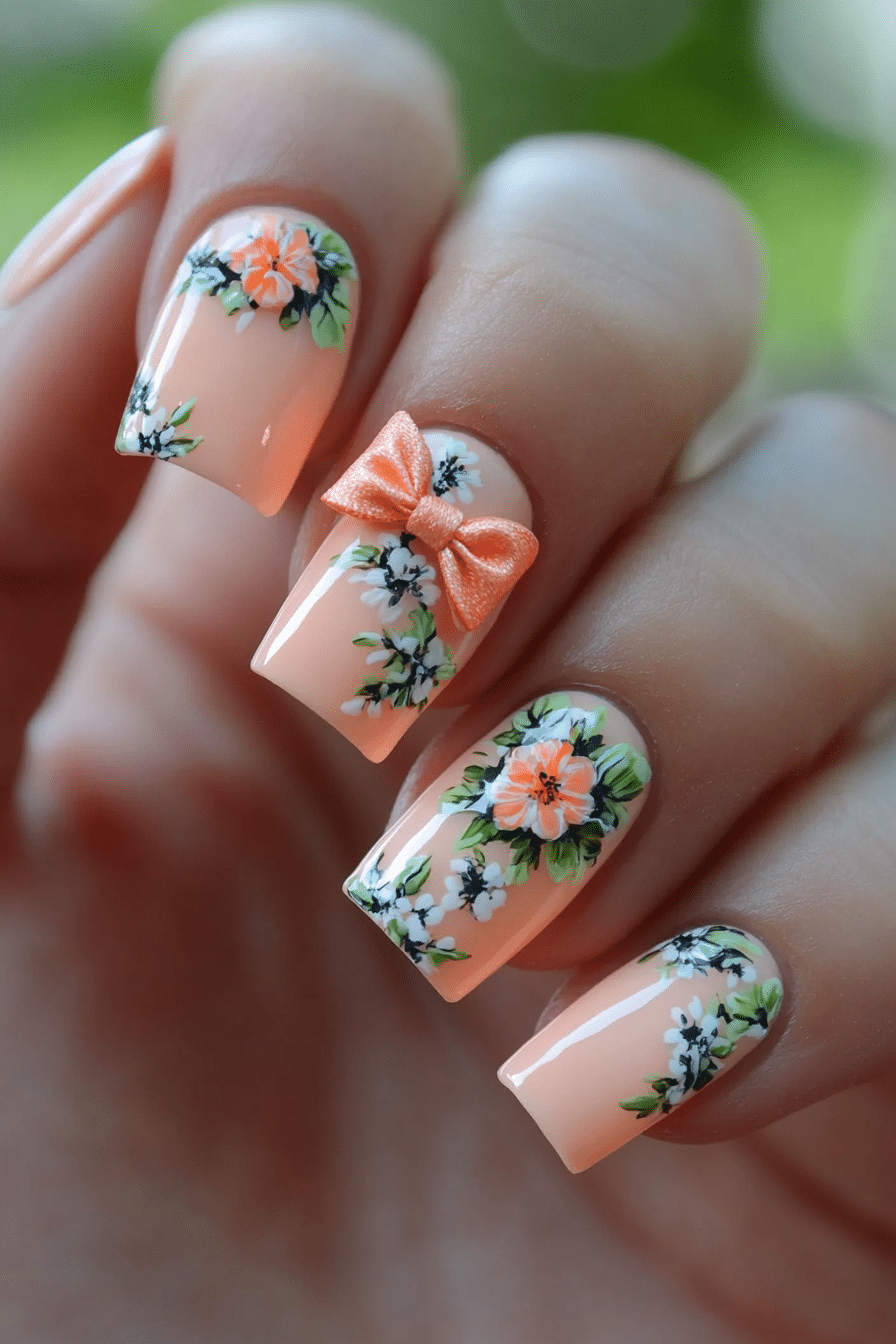 16. Peach with Floral and Bow Art (Nail Design Ideas With Bows) - Nail Design Ideas With Bows