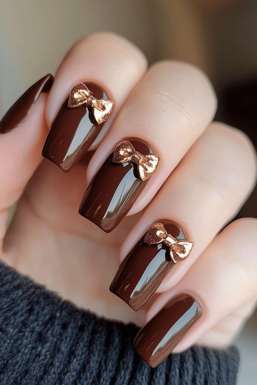 17. Chocolate Brown with Rose Gold Bow (Nail Design Ideas With Bows) - Nail Design Ideas With Bows