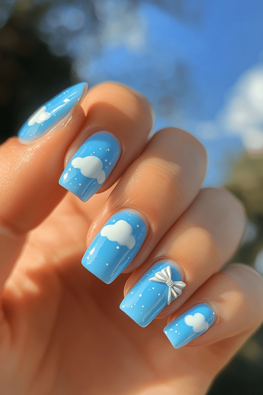 18. Sky Blue with Cloud and Bow Motif (Nail Design Ideas With Bows) - Nail Design Ideas With Bows