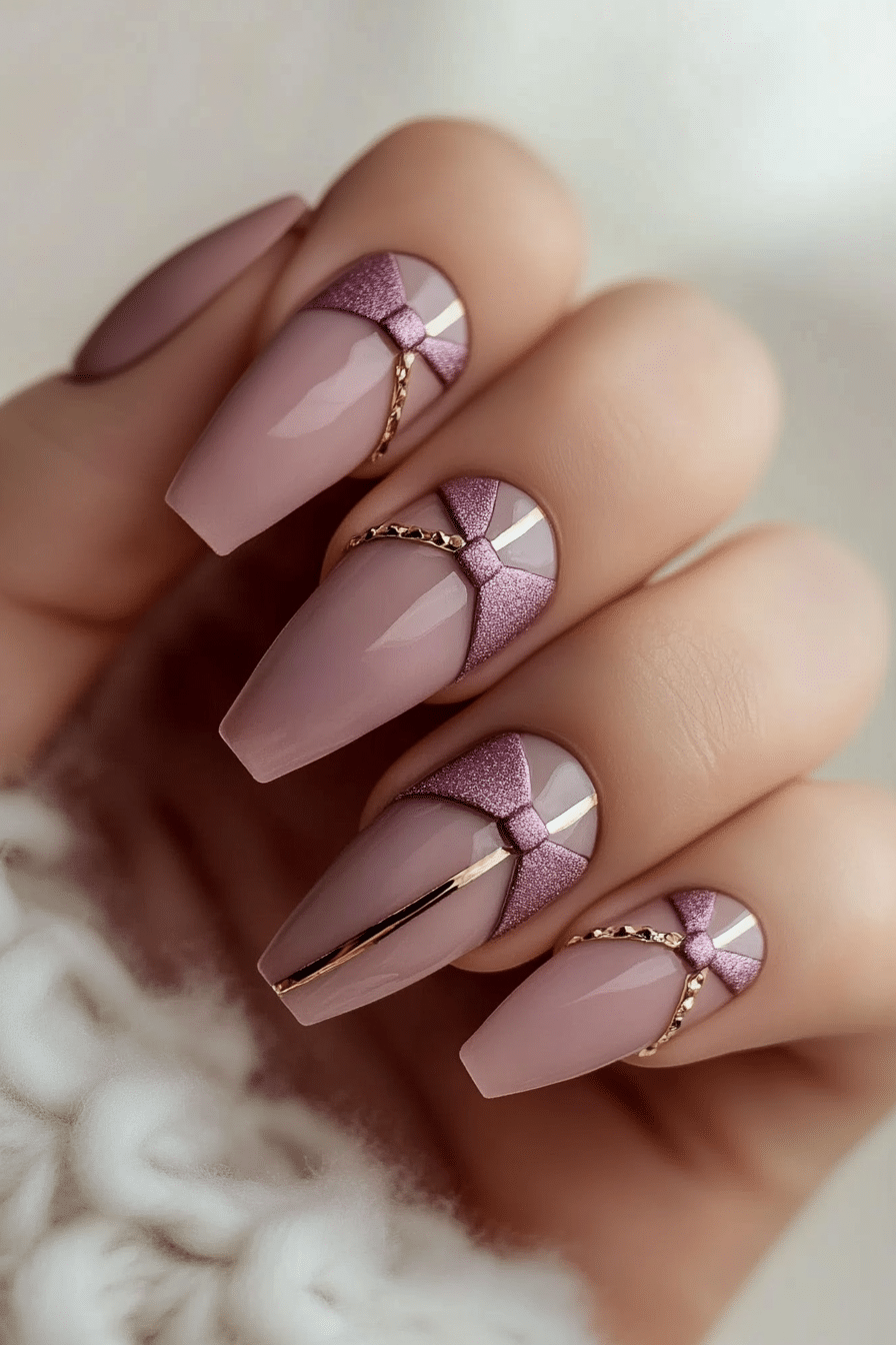 19. Mauve with Geometric Bow Pattern (Nail Design Ideas With Bows) - Nail Design Ideas With Bows
