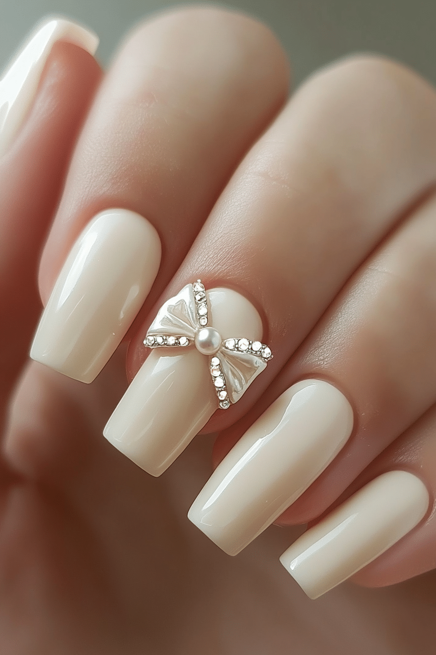 21. Ivory with Pearl Bow Accent (Nail Design Ideas With Bows) - Nail Design Ideas With Bows