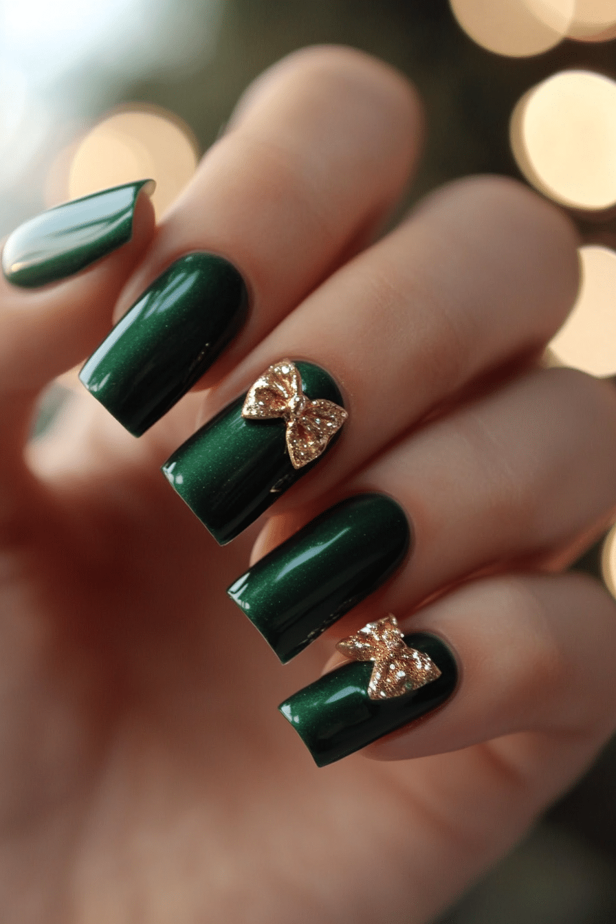 22. Forest Green with Gold Glitter Bow (Nail Design Ideas With Bows) - Nail Design Ideas With Bows