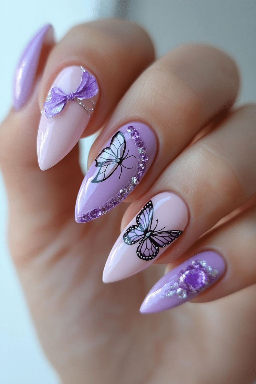 23. Soft Lavender with Butterfly and Bow Art (Nail Design Ideas With Bows) - Nail Design Ideas With Bows