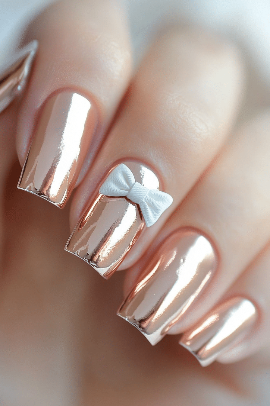 24. Metallic Rose Gold with White Bow (Nail Design Ideas With Bows) - Nail Design Ideas With Bows