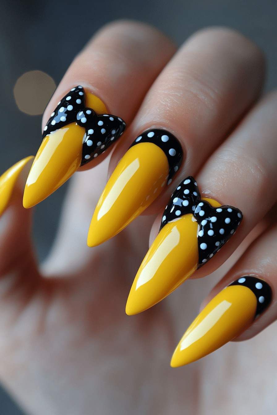 25. Canary Yellow with Polka Dot Bow (Nail Design Ideas With Bows) - Nail Design Ideas With Bows