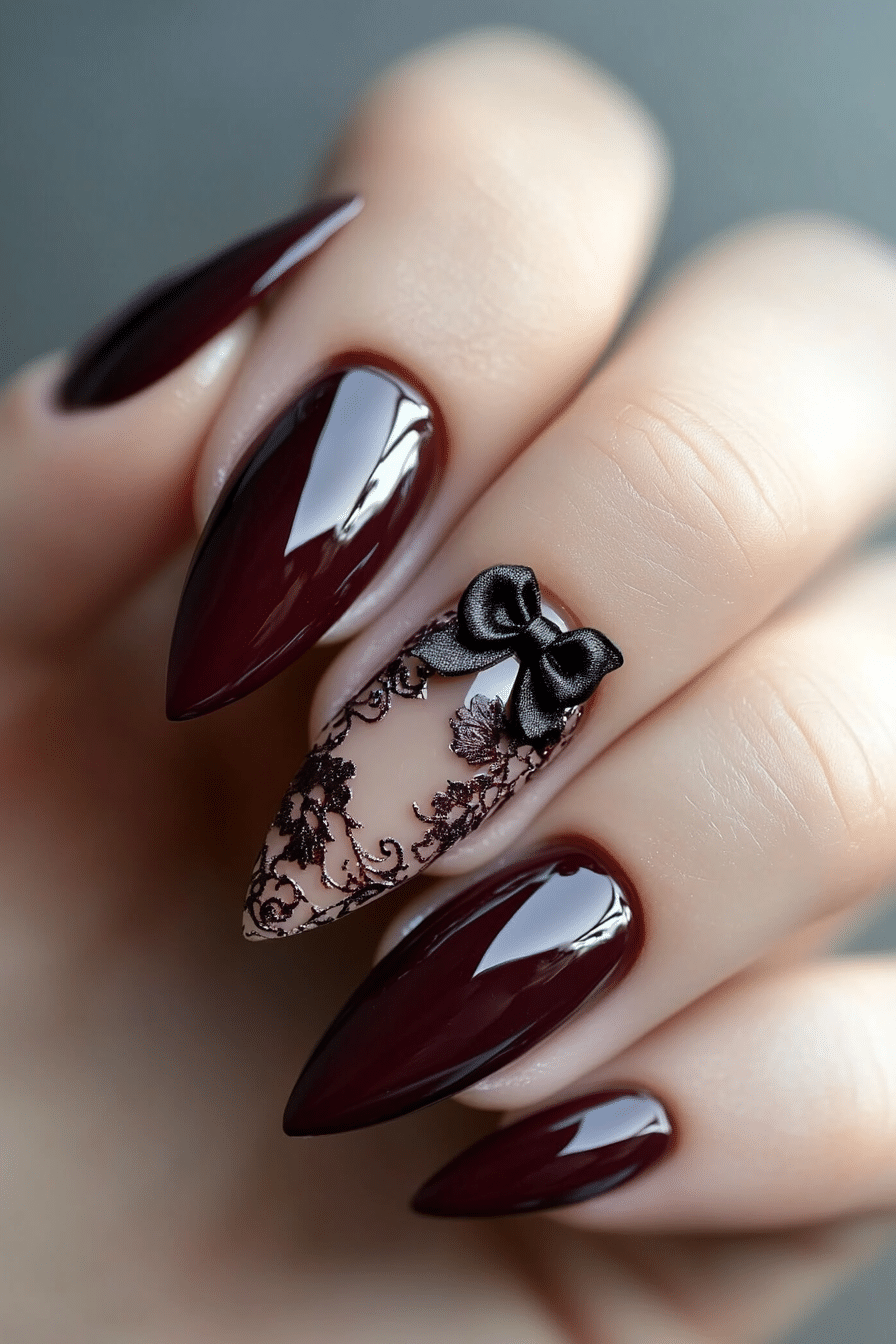26. Deep Burgundy with Lace and Bow Detail (Nail Design Ideas With Bows) - Nail Design Ideas With Bows
