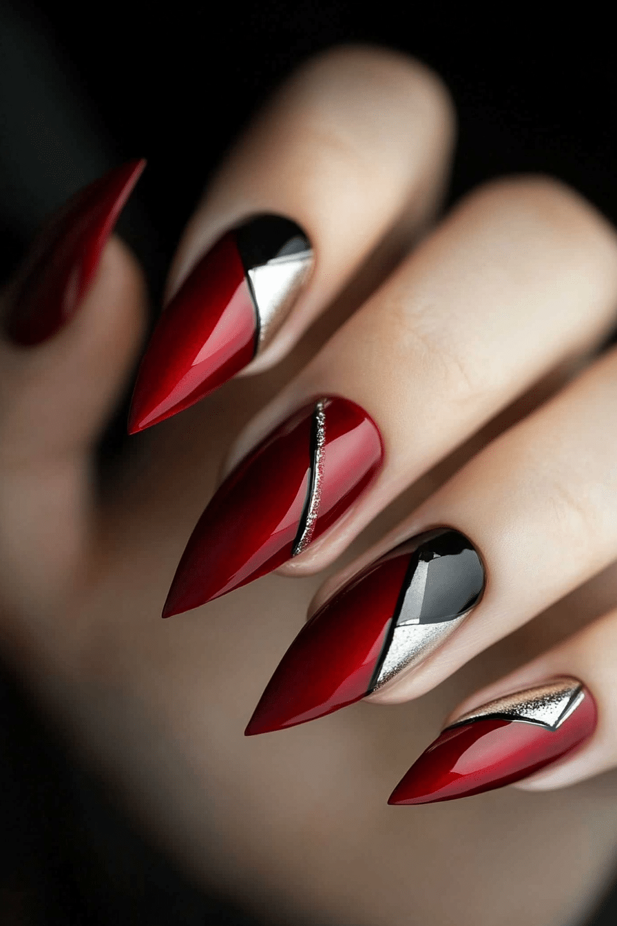 15. Geometric Ruby Accents (Red Nail Design Ideas) - Red Nail Design Ideas